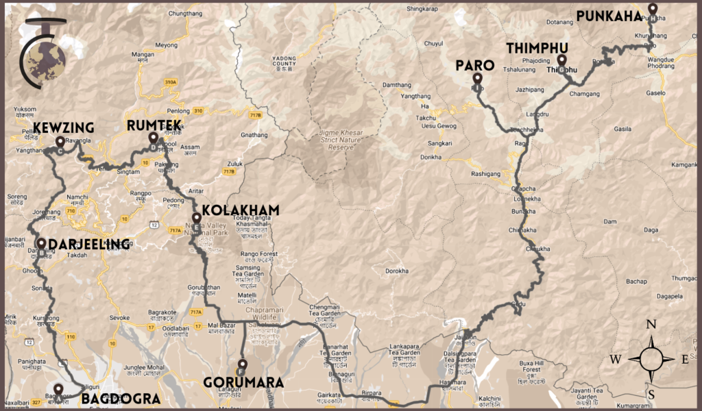 Tour to Skiim and Bhutan map
